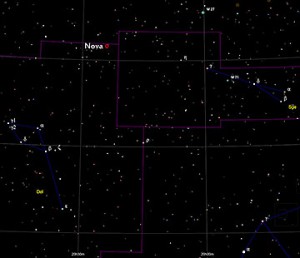 Aufsuchkarte der Nova. Sie liegt im »Drei-Sternbilder-Eck« Delphin, Pfeil und Füchschen (Roter Kreis). [Cartes du Ciel, interstellarum]