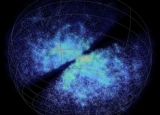 So sind 100000 nahe Galaxien rund um die unsrige im Raum verteilt: das Gesamtbild der nun abgeschlossenen großen Durchmusterung »6dFGRS«. Jeder Punkt ist eine Galaxie. [Chris Fluke, Centre for Astrophysics and Supercomputing, Swinburne University of Technology]
