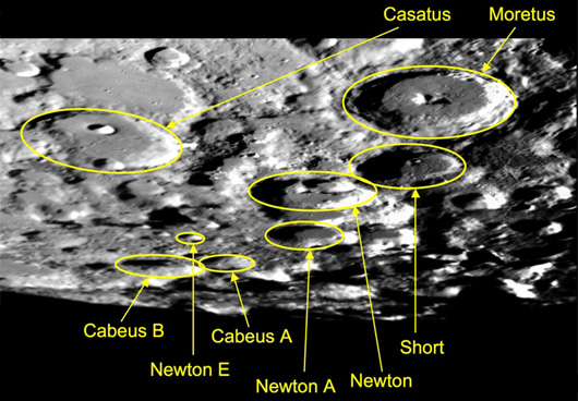 Wichtige Krater in der Nähe des Südpols des Mondes; LCROSS und seine Raketenoberstufe werden am 9. Oktober in Cabeus A einschlagen. [NMSU/MSFC Tortugas Observatory]