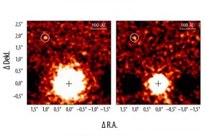 Neue Bilder von 1RXS J160929.1-210524 bei 3,1µm bzw. 3,8µm, entstanden mit dem Gemini Near Infrared Imager (NIRI) und der Adaptiven Optik ALTAIR im Jahre 2009: Sie erlaubten eine bessere Abschätzung der Masse des selbst strahlenden Planeten des Sterns (Kreise). [Gemini Observatory/AURA/David Lafrenière (University of Montreal),Ray Jayawardhana (University of Toronto), and Marten van Kerkwijk (University of Toronto)]