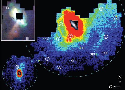 Die Sterndichte rund um die Galaxien M 31 und M 33, basierend auf der »Pan-Andromeda Archaeological Survey« mit dem 3,6-m-Teleskop CFHT auf Hawaii: Die Farben codieren die Anzahl von Red-Giant-Branch-Sternen der Galaxien pro Fläche, der Ausschnitt zeigt die Umgebung der Andromeda-Galaxie in höherer Auflösung. Zwerggalaxien fallen als Verdichtungen auf und sind mit römischen Zahlen gekennzeichnet, andere Substrukturen der Sterndichte mit eingekreisten Zahlen. [McConnachie et al.]