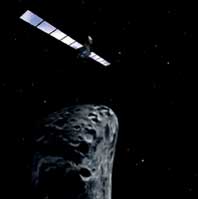Abb: Künstlerische Darstellung des Vorbeifluges von Rosetta an einem Asteroiden. Die Daten des Vorbei- fluges werden an Bord gespeichert und nach dem Vorbeiflug übertra- gen. [ESA/AOES Medialab]
