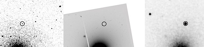 So funktioniert die "Palomar Transient Factory", demonstriert mit der Entdeckung der Supernova 2009av. Links ein Summenbild mehrerer Aufnahmen einer unscheinbaren Galaxie vom 23.-27. Februar 2009, daneben das Bild am 28. Februar und die Differenz: Die noch schwache Supernova fällt - einem Computer - sofort auf; ganz rechts ist sie heller geworden. [Palomar Transient Factory/Dovi Poznanski, Berkeley Lab]