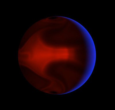 Weder ein echtes Foto noch eine künstlerische Darstellung, sondern das Ergebnis einer zweidimensionalen hydrodynamischen Computersimulation: So sollte der Planet des Sterns HD 80606 kurz nach seiner Passage durchs Periastron glühen, während seine Atmosphäre die enorme Einstrahlung verdaut. In Rot ihr Nachglühen, der Stern strahlt von rechts: Die Darstellung gilt als halbwegs fotorealistisch. [D. Kasen, J. Langton und G. Laughlin (UCSC)]