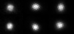 Aus solchen Rohbildern entstanden die besten Plutokarten, die wir haben. Links zwei Aufnahmen mit der Faint Object Camera von 1994, rechts vier mit dem hochauflösenden Kanal der Advanced Camera for Surveys von 2002/2003 – sie haben viel weniger Auflösung, dafür sind es wesentlich mehr, und sie sind auch subpixelweise gegeneinander verschoben (Dithering). Die Zahlen geben jeweils den Zentralmeridian gemäß Rotationsephemeride an. [M. Buie (Southwest Research Institute)]