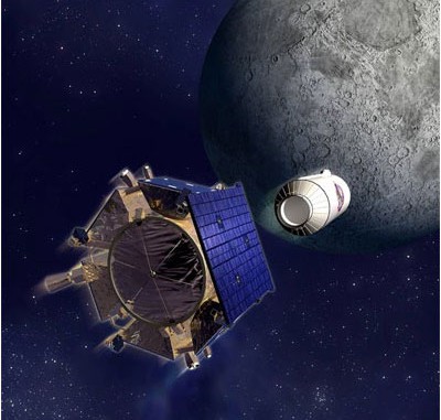 Die Oberstufe der Atlas-Rakete (rechts) und das eigentliche LCROSS-Raumschiff stürzen auf den Mond zu — nach gegenwärtiger Planung ist es am 8. Oktober so weit. [Grafik: NASA]