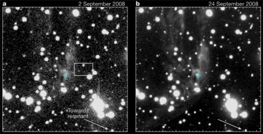 Das Lichtecho der Supernova von 1572, aufgenommen links mit dem 2,2m-Teleskop auf dem Calar Alto und rechts mit dem 8,4m-Subaru-Teleskop im September 2008. Das Rechteck zeigt die Stelle, wo sich 2006 ein Lichtecho befand, das Kreuz den Punkt, wo die neuen Spektren aufgenommen wurden. Der Pfeil weist in Richtung des Supernovaüberrests. [Subaru Telescope/NAOJ]