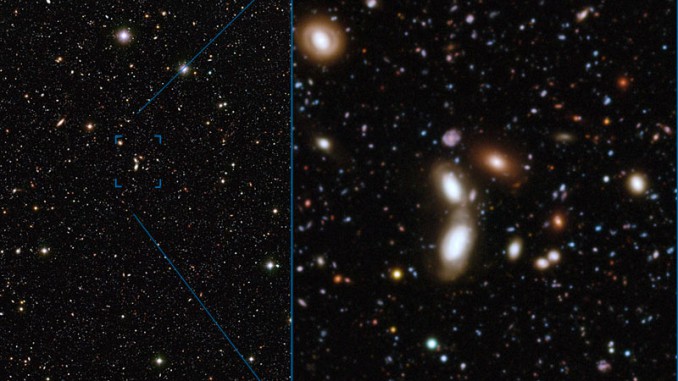 Das Chandra Deep Field South im U-, B- und R-Band aufgenommen mit dem Very Large Telescope und dem 2,2m-ESO-Teleskop. Das Feld misst 14,1' × 21,6'. [ESO/ Mario Nonino, Piero Rosati and the ESO GOODS Team]