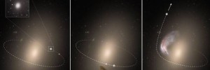 Vermuteter Ablauf der gewaltsamen Begegnung dreier Galaxien: Das linke Bild zeigt eine kompakte Galaxie im Orbit um eine größere Galaxie. Im unteren Teil des mittleren Bildes ist eine Spiralgalaxie angedeutet, die sich den anderen nähert, rechts wird die leichtere Galaxie aus dem Verbund geschleudert. [Chilingarian et al.]