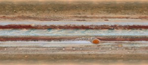 Gesamtkarte Jupiters aus dem OPAL-Programm des Hubble Space Telescope aus WFC3-Aufnahmen von 3:00 bis 13:30 MEZ am 19. Januar 2015. Als Filter für dieses Bild in fast echten Farben wurden V (631nm), OIII (502nm) und U (395nm) verwendet. [NASA, ESA, A. Simon (GSFC), M. Wong (UC Berkeley), and G. Orton (JPL-Caltech)]