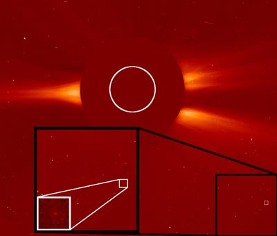 Nur ein paar etwas hellere Pixel (die sich allerdings mit der Zeit gleichmäßig fort bewegten): So wurde am 25. Juni der 1500. SOHO-Komet entdeckt. [ESA]