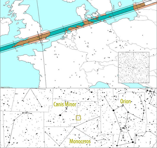 Schattenpfad des Asteroiden (234) Barbara am 21. November sowie der Ort der Sternbedeckung im Sternbild Monoceros. [Steve Preston]