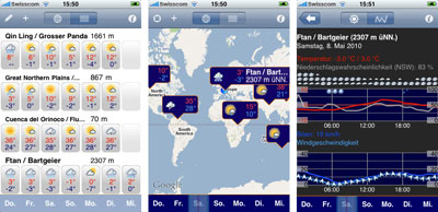 Verschiedene iPhone-Ansichten der neuen Applikation meteo4m