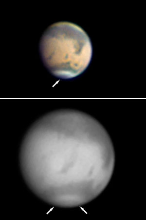 Zwei Marsfotos von interstellarum-Lesern zeigen die dunklen Markierungen in der Nordpolkappe am 3.12.2009 (a) und 5.1.2010 (b). [Torsten Hansen, Ralf Gerstheimer]