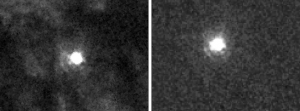 Die Supernova und ihre Umgebung am 5. September 2014 durch den F438W-Filter der Hubble-Kamera WFC3 aufgenommen: Vom Originalbild links wurde rechts der unruhige Untergrund der Galaxie anhand einer Hubble-Aufnahme von vor dem Ausbruch der Supernova subtrahiert und die Differenz kontrastverstärkt. Das äußere Lichtecho tritt nun deutlich hervor. [Crotts]