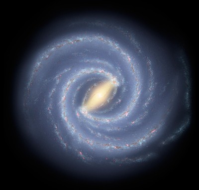 Das neue(ste) Bild unserer Milchstraße, mit zwei ausgeprägten und zwei deutlich schwächer definierten Spiralarmen, wie es sich nach aktuellen Spitzer-Daten einem Beobachter von oben darbieten würde. [Künstlerische Darstellung: Caltech]