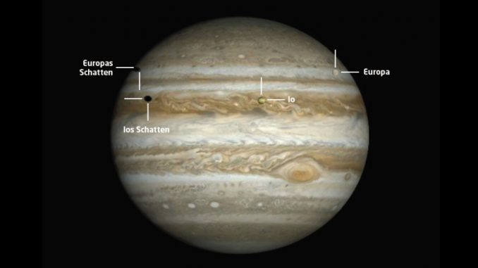 Jupiter mit zwei Monden und Doppelmondschatten